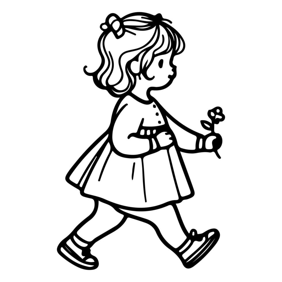 contínuo 1 Preto linha arte mão desenhando criança caminhando rabiscos esboço desenho animado personagens estilo coloração página vetor ilustração em branco fundo