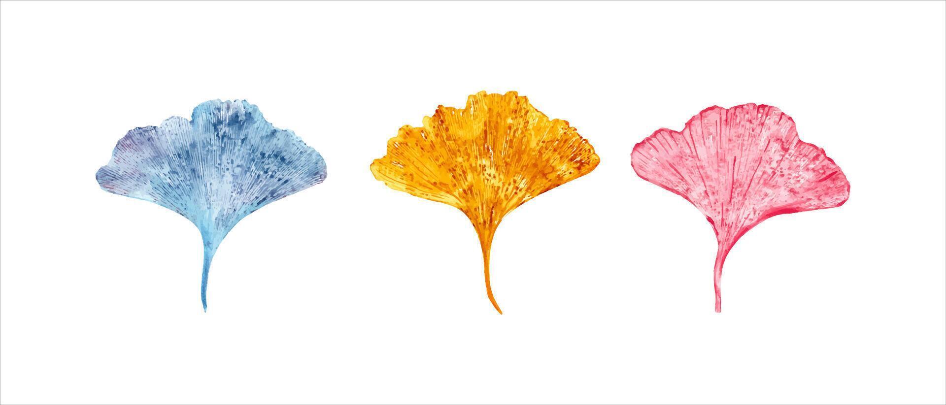 impressões do outono folhas dentro azul, dourado, Rosa cores. gingko folha. ginkgo, Palma, seco abstrato folhas. biloba, exótico plantar. aguarela ilustração do colorida folha silhuetas. vetor