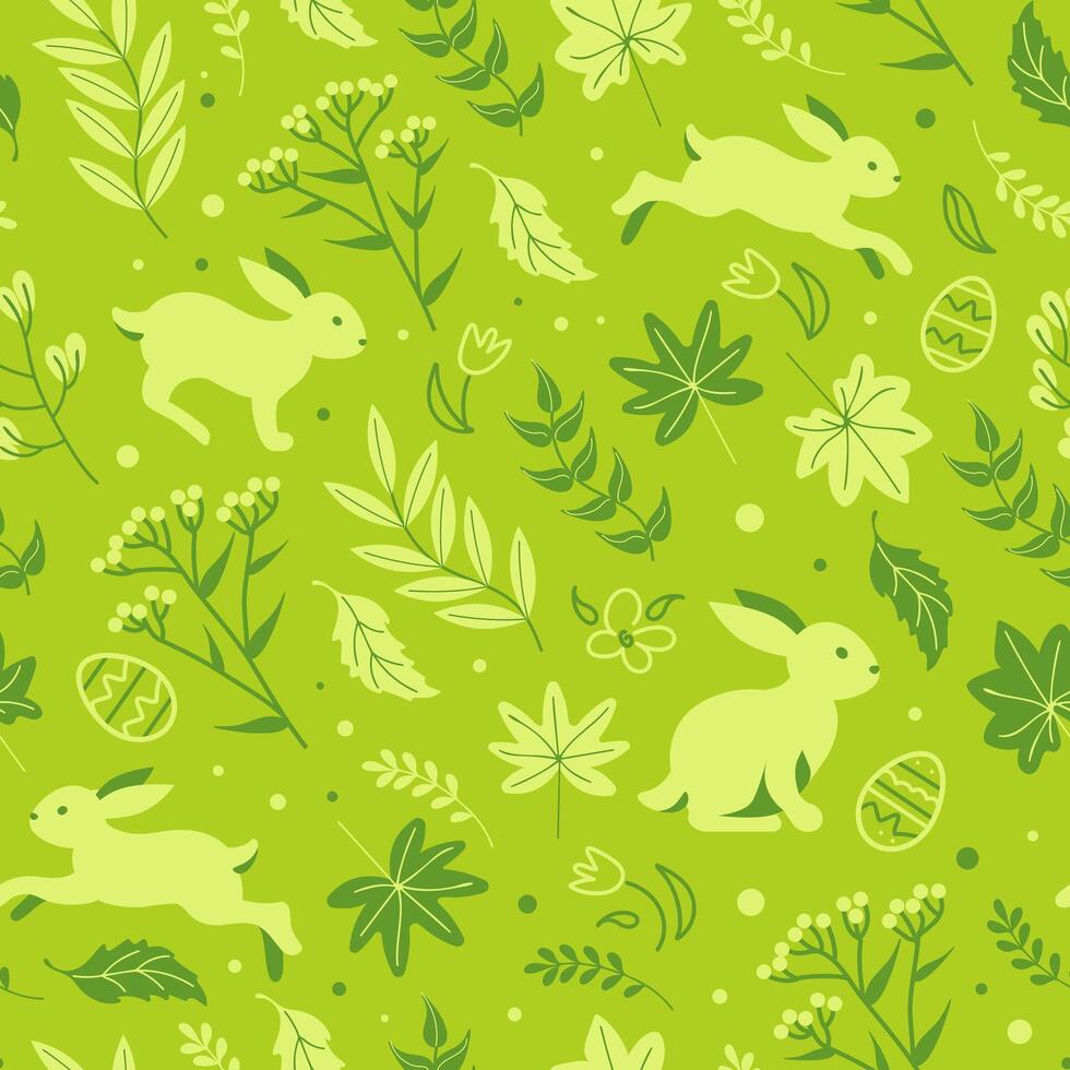 encantador coelhos estão pulando dentro a Primavera Prado, feliz Páscoa. desatado monocromático verde padronizar chocolate ovos, margaridas e tulipas. desenho animado estilo. para papel de parede, impressão em tecido, invólucro. vetor