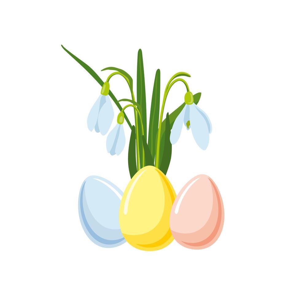 vetor ilustração do Páscoa tema, ramalhete do Primavera flores snowdrops e multicolorido pastel Páscoa ovos, Primavera festa ilustração em branco fundo