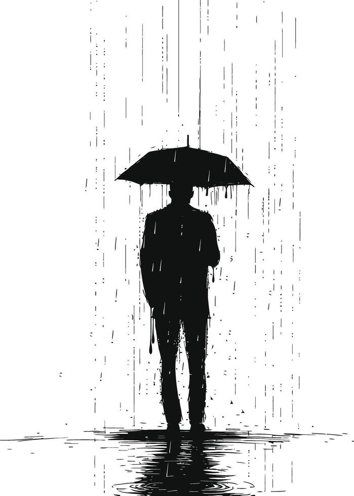 ai gerado silhueta homem com guarda-chuva durante chuvisco Preto cor só vetor