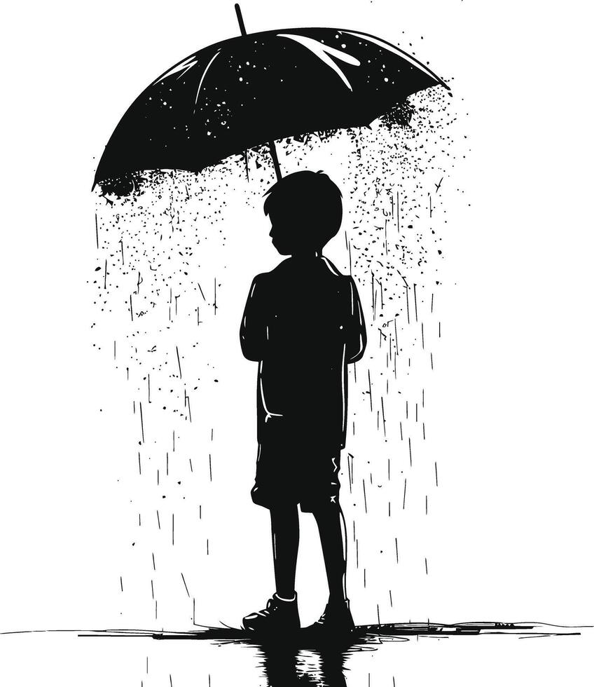 ai gerado silhueta Garoto com guarda-chuva durante chuvisco Preto cor só vetor