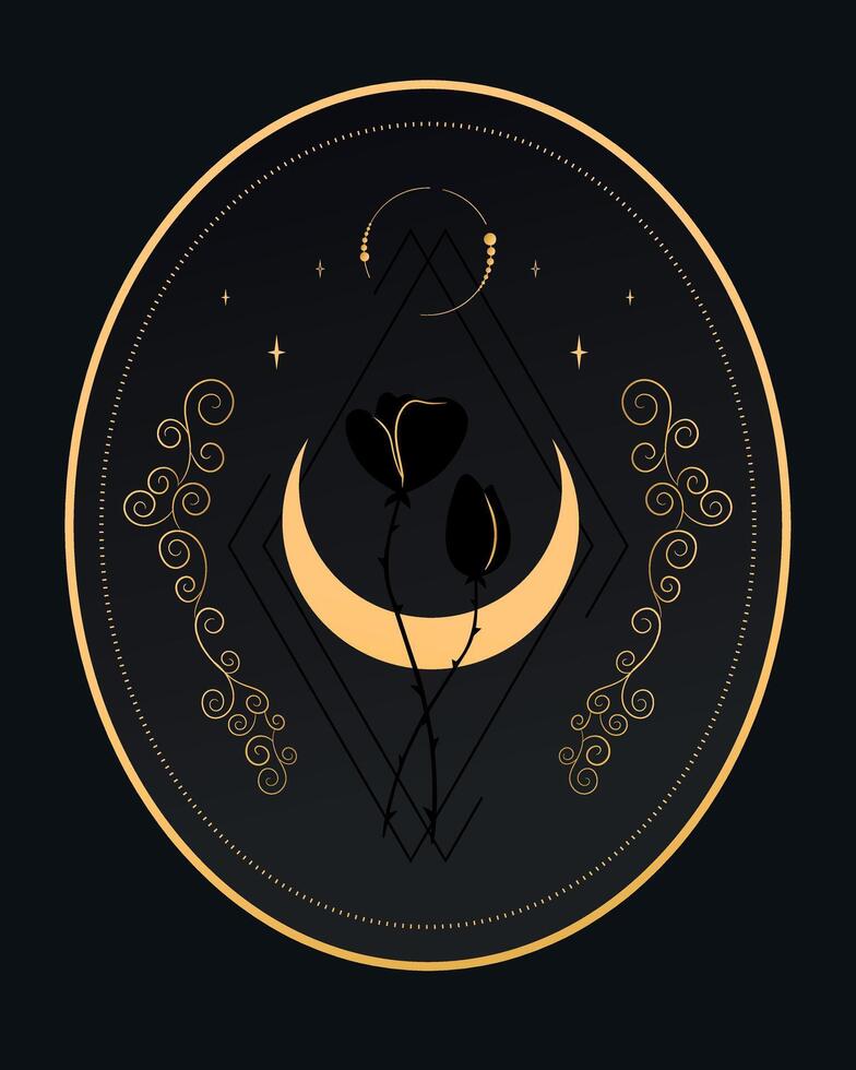 abstrato celestial emblema com uma crescente, estrelas e flores em Preto fundo. vetor ilustração