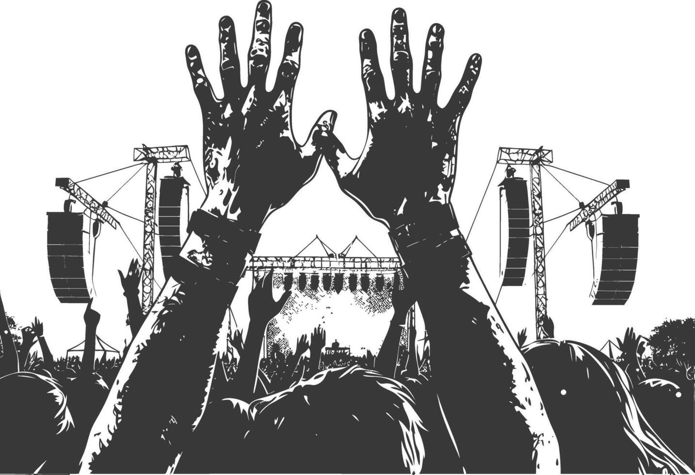 ai gerado silhueta mãos elevado às uma música festival Preto cor só vetor