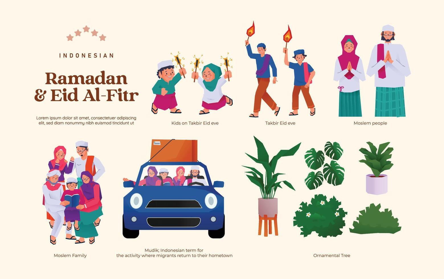 isolado plano Projeto indonésio atividade Ramadã e eid al fitr ilustração vetor