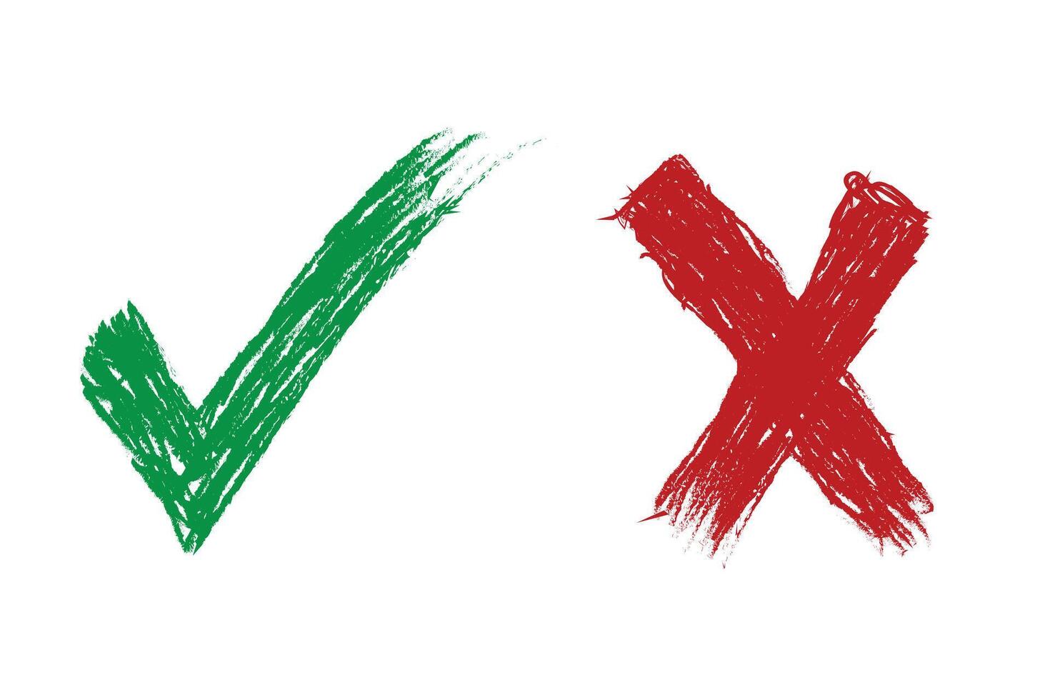 mão desenhado verde marca de verificação e vermelho Cruz isolado em branco fundo vetor