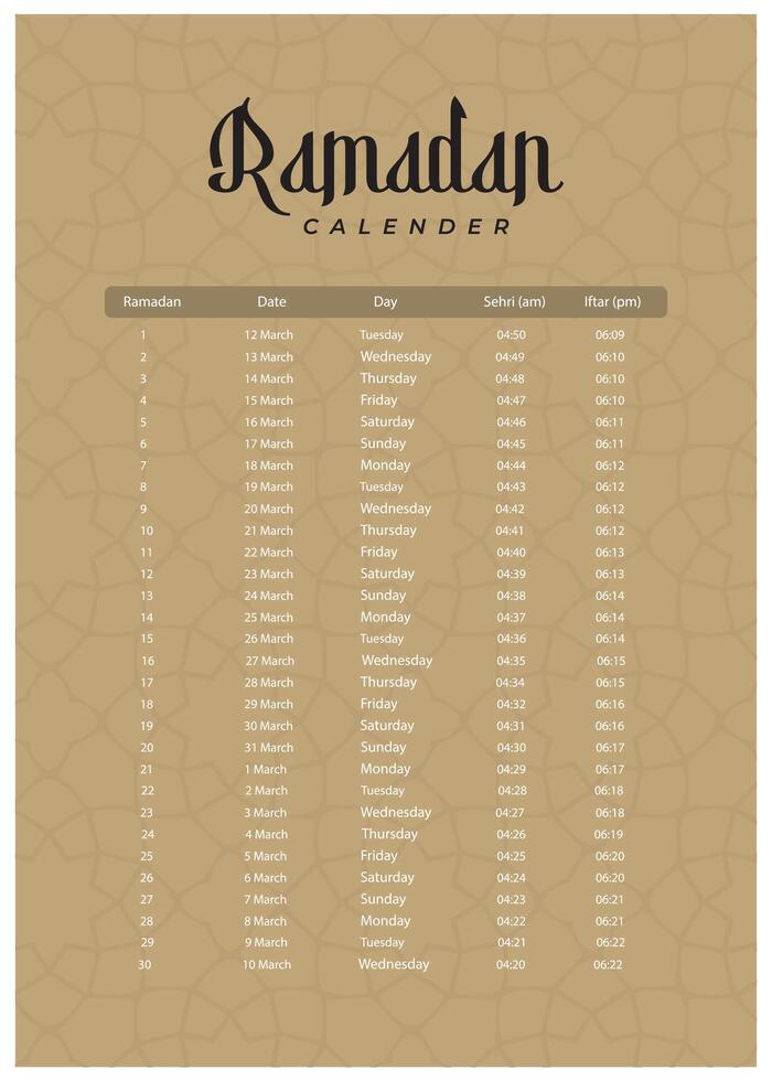 Ramadã calendário 2024 com oração vezes dentro Ramadã. Ramadã cronograma vetor Projeto