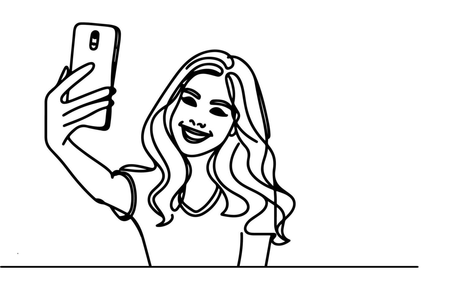 contínuo 1 Preto linha arte desenhando alegre jovem menina segurando Smartphone para levando agindo selfie ou vídeo ligar através Móvel telefone esboço rabisco vetor família viagem conceito