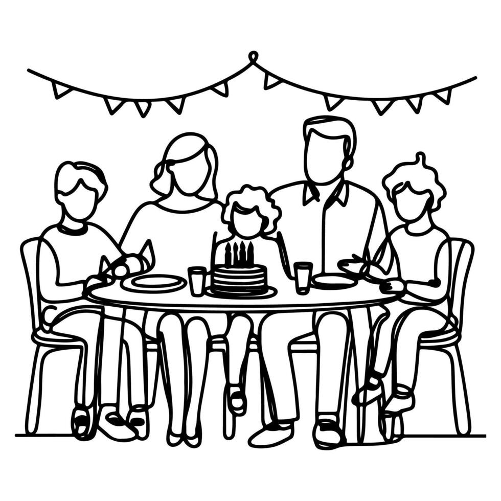 solteiro contínuo desenhando Preto linha família jantar sentado às mesa para celebração aniversário feliz aniversário festa rabiscos vetor