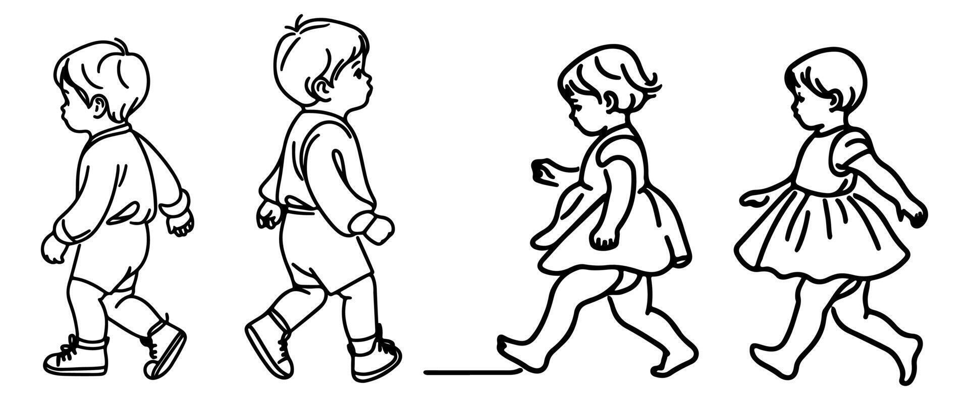 contínuo 1 Preto linha arte mão desenhando criança caminhando rabiscos esboço desenho animado personagens conjunto estilo coloração página vetor ilustração em branco fundo