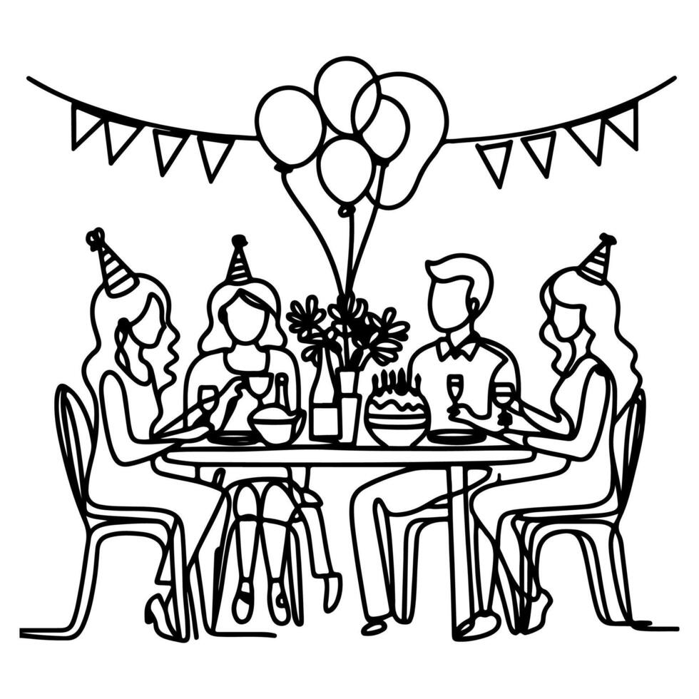solteiro contínuo desenhando Preto linha família jantar sentado às mesa para celebração aniversário feliz aniversário festa rabiscos vetor