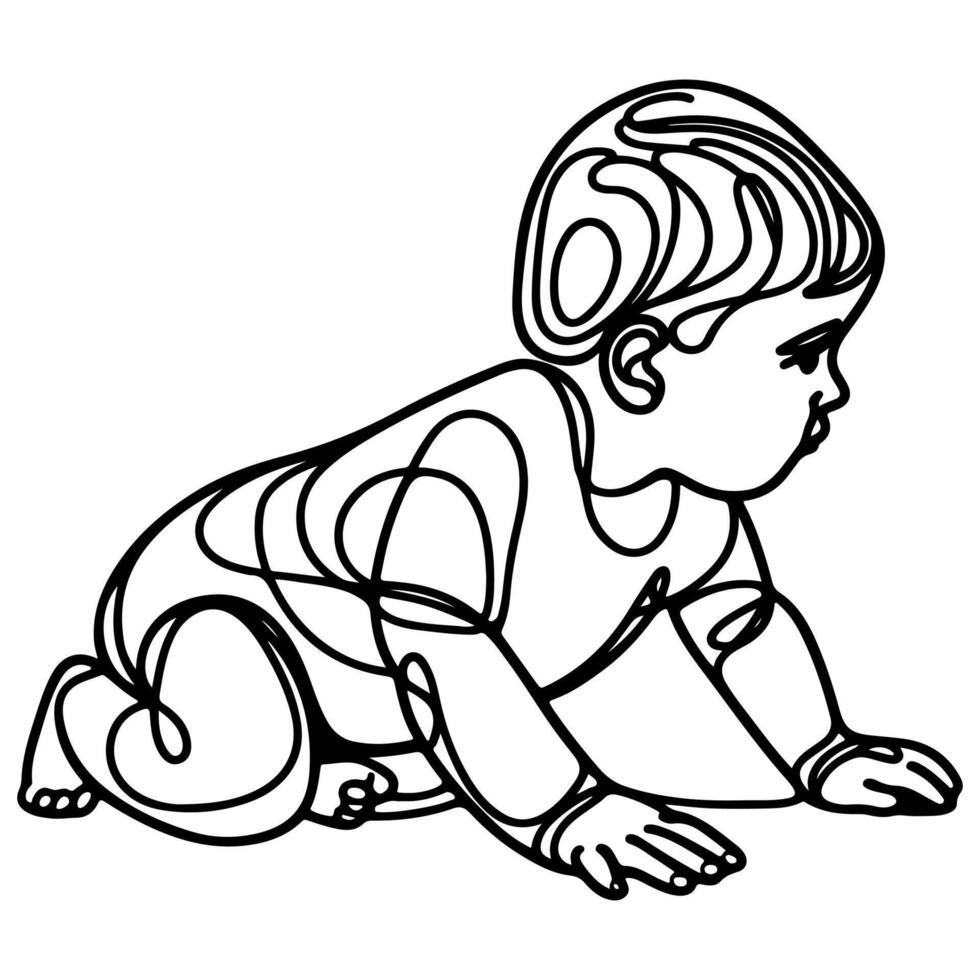 contínuo 1 Preto linha arte mão desenhando criança rastejando rabiscos esboço desenho animado estilo coloração página vetor ilustração em branco fundo