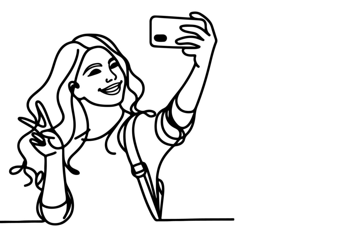 contínuo 1 Preto linha arte desenhando alegre jovem menina segurando Smartphone para levando agindo selfie ou vídeo ligar através Móvel telefone esboço rabisco vetor família viagem conceito