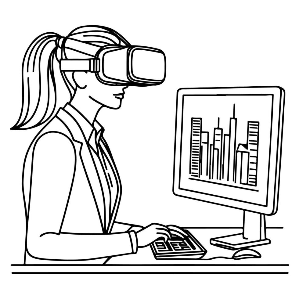 solteiro contínuo desenhando Preto linha arte linear mulher dentro escritório usando virtual realidade fone de ouvido simulador óculos com computador rabisco estilo esboço vetor