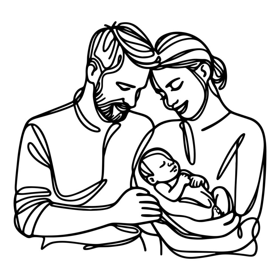 contínuo 1 Preto linha arte desenhando pais com recém-nascido bebê rabiscos esboço estilo vetor ilustração em branco fundo