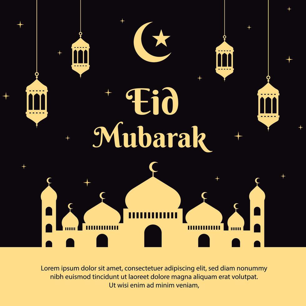 eid Mubarak saudações fundo modelo. poster Projeto com mesquita, e lanterna ilustrações. islâmico postar vetor