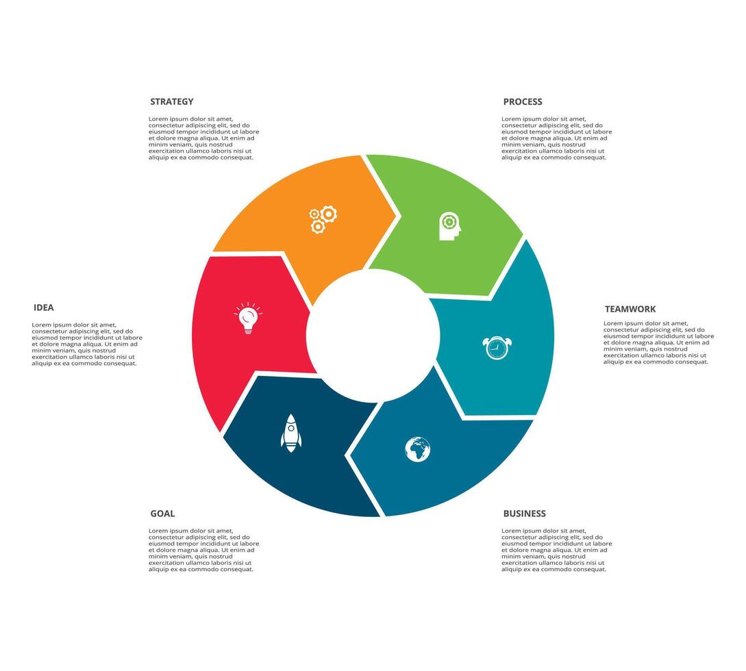 círculo elementos do gráfico, diagrama com 6 passos, opções, partes ou processos. modelo para infográfico, apresentação. vetor