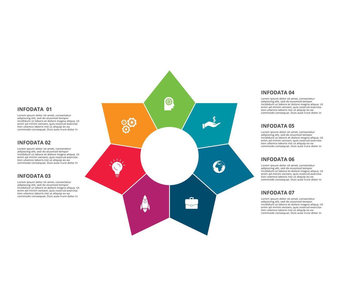 círculo elementos do gráfico, diagrama com 7 passos, opções, partes ou processos. modelo para infográfico, apresentação. vetor