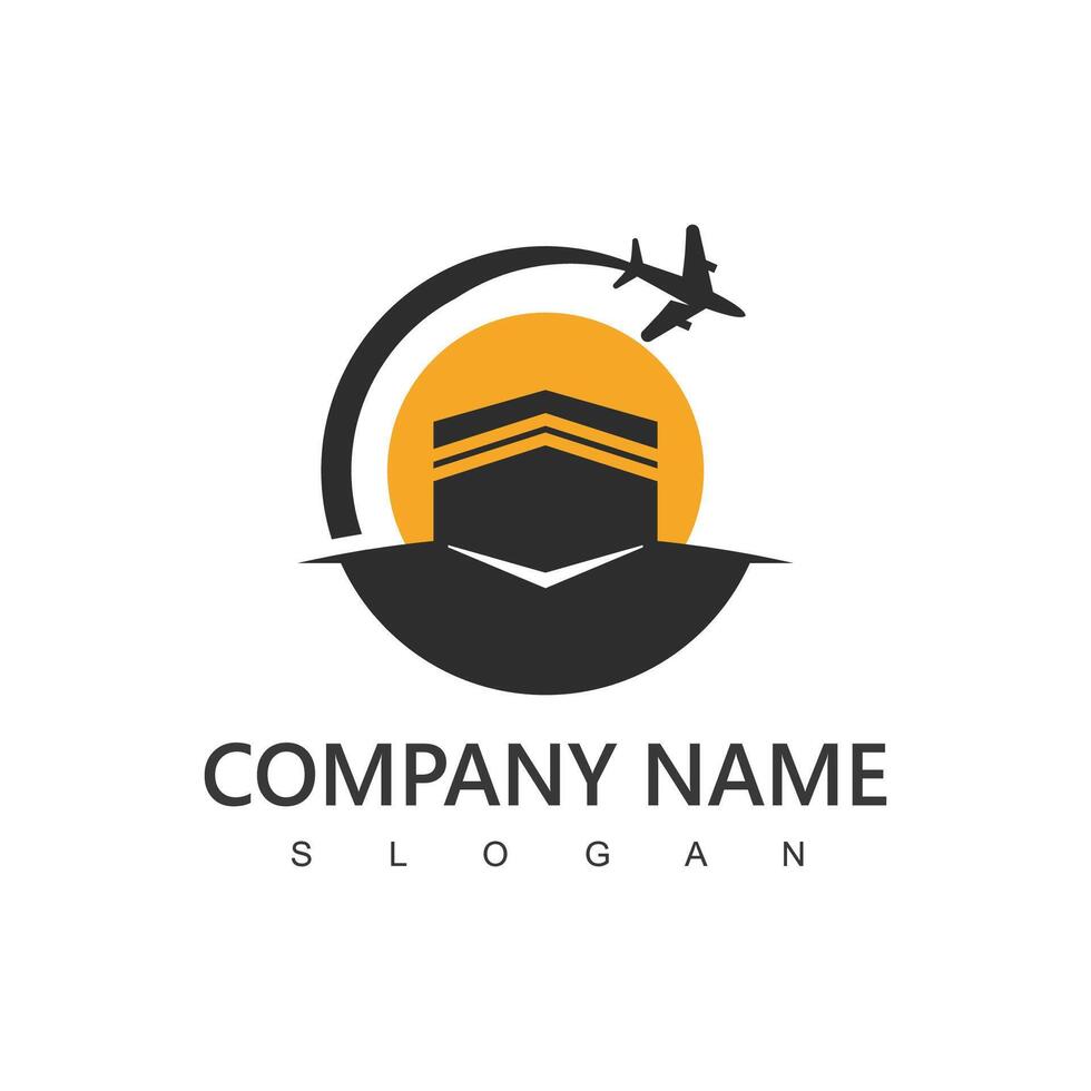 hajj e umrah agência logotipo, Tour e viagem ícone. vôo avião com kabah ilustração. vetor