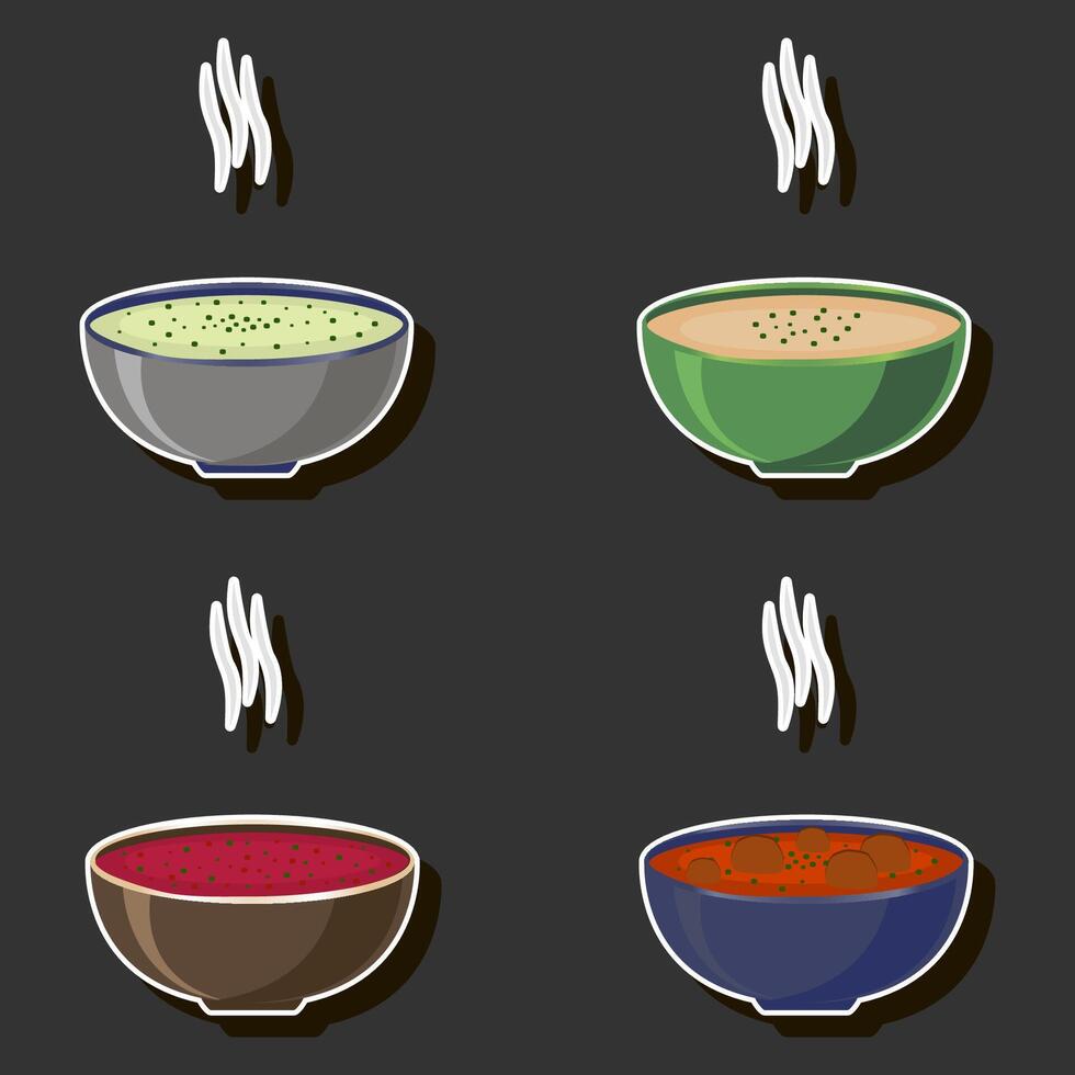 ilustração em tema grande conjunto vários tipos lindo saboroso comestível quente caseiro sopas vetor