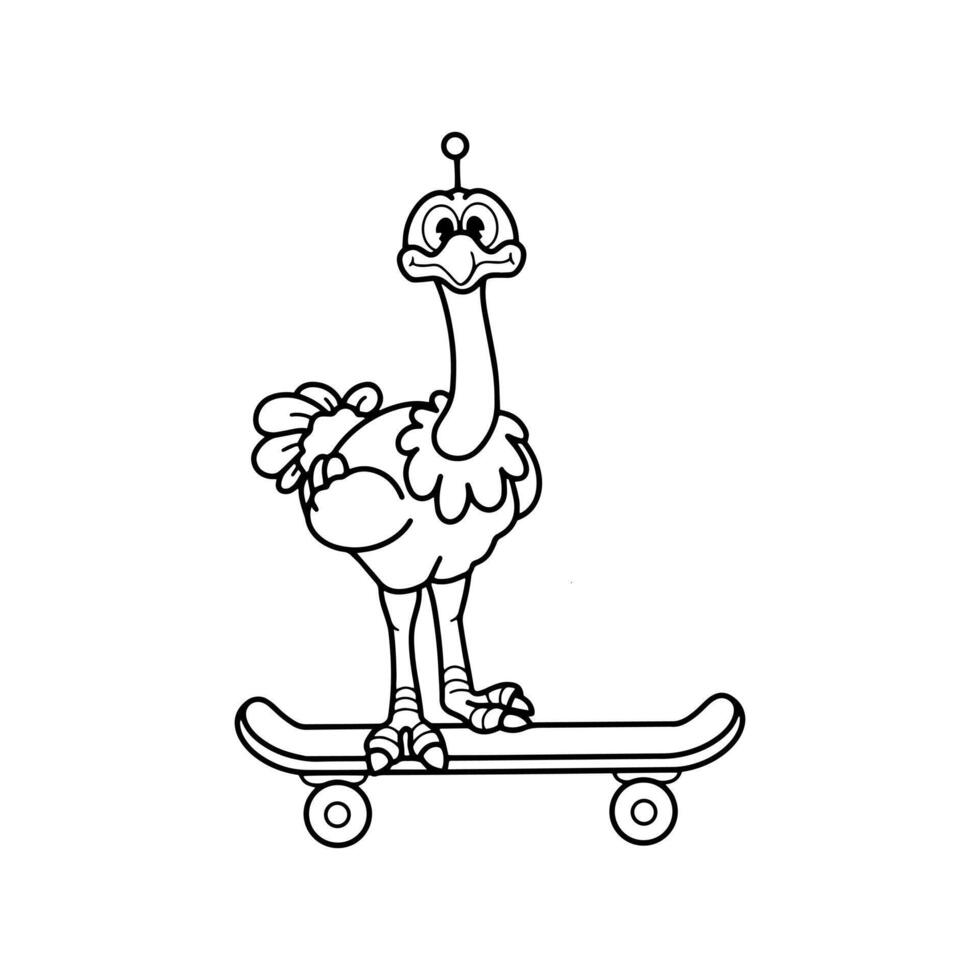 avestruz em pé em uma skate, avestruz groovy desenho animado. vetor ilustração isolado em a branco fundo