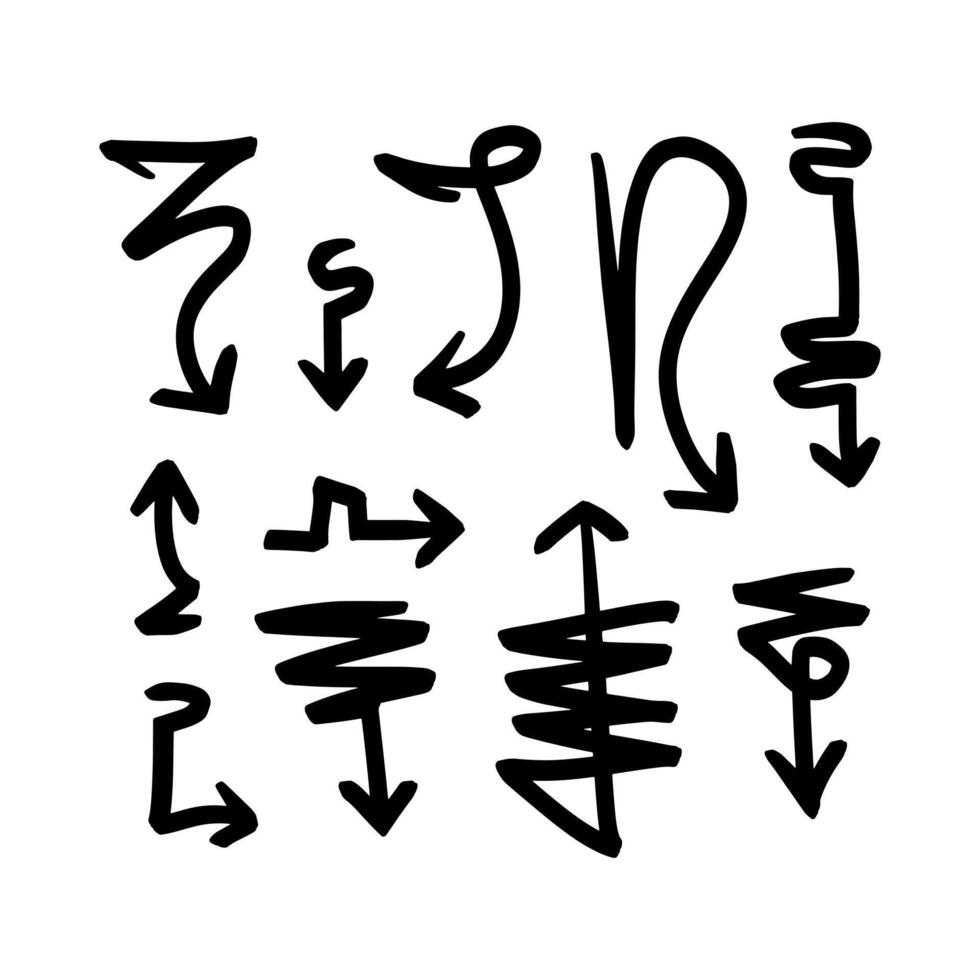 coleção mão desenhado Setas; flechas. conjunto simples Setas; flechas isolado em branco fundo. seta marca ícones. seta mão desenhado à mão livre diferente curvado linhas, redemoinhos Setas; flechas. rabisco marcador. vetor