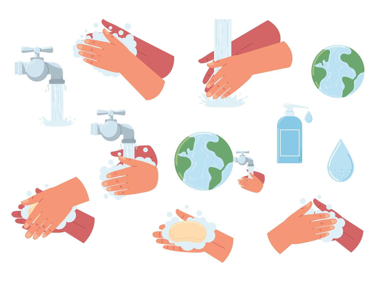 conjunto global de lavagem de mãos plana vetor