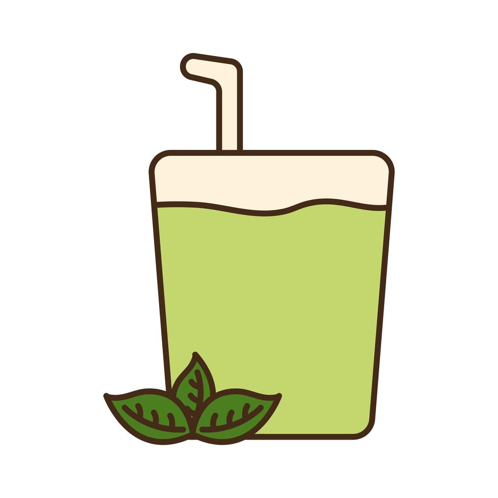 Copo de chá gelado com linha de folhas e desenho de vetor de ícone de estilo de preenchimento