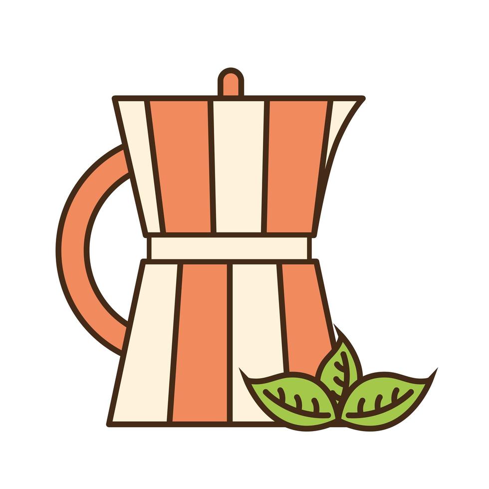 chaleira de chá com linha de folhas e desenho de vetor de ícone de estilo de preenchimento