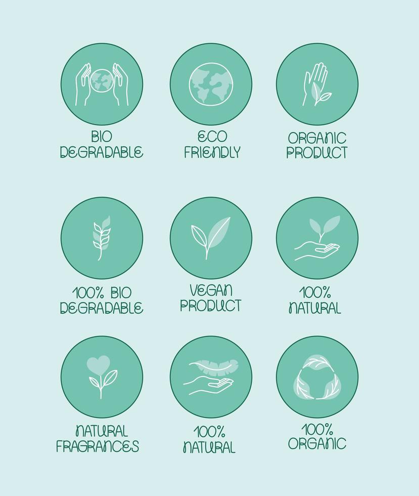 nove emblemas de produtos ecológicos vetor