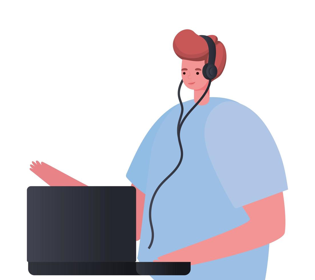 desenho de homem de cabelo vermelho com laptop e fone de ouvido trabalhando desenho vetorial vetor