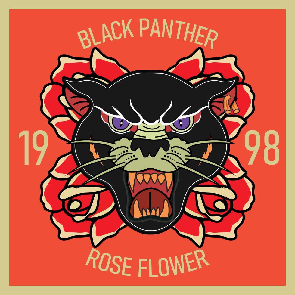 Preto pantera com lindo rosa flor vetor