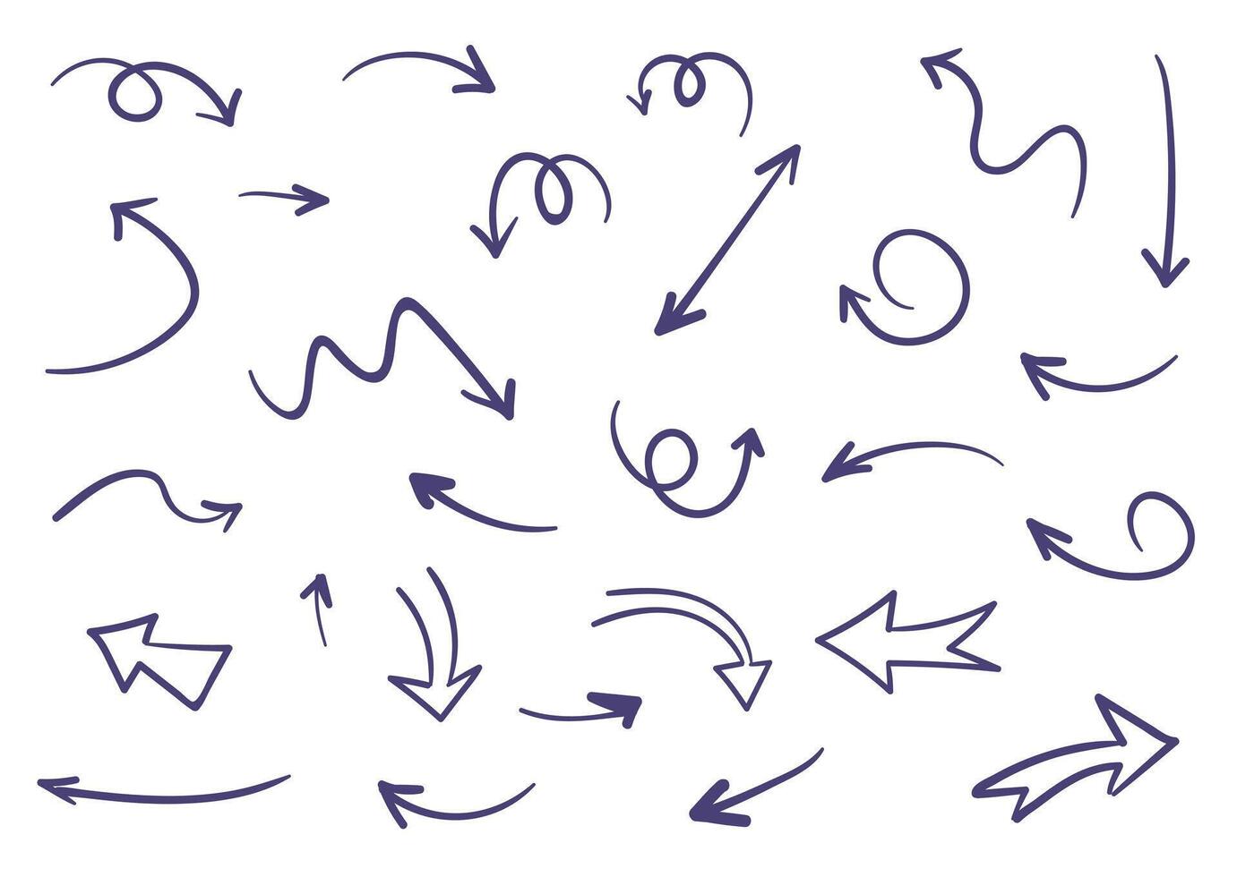 conjunto do mão desenhado Setas; flechas. a Setas; flechas estão desenhado com uma ponta de feltro caneta vetor