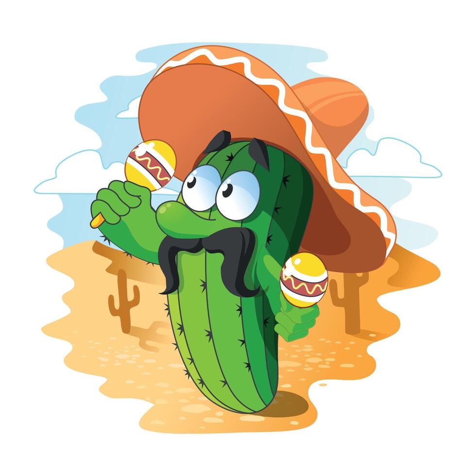 colorida ilustração do uma mexicano cacto com maracás e dentro uma sombrero vetor