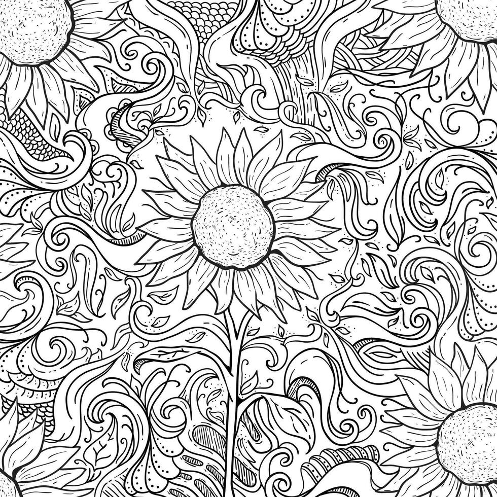 rabisco girassol floral desenho. arte coloração página. vetor