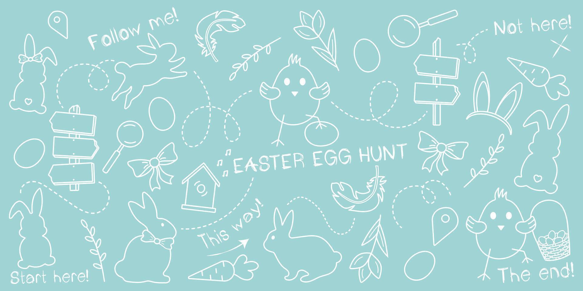 Páscoa ovo caçar rabisco conjunto em uma pastel verde fundo, desenhado à mão com uma fino branco linha. a delineado esboço vetor padronizar com uma crianças tema para a Páscoa busca.