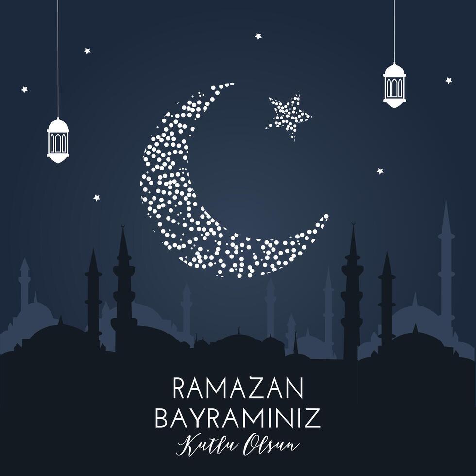 crescente islâmico com lanternas e estrelas para Ramadã. cumprimento cartão, bandeira. metade lua, lâmpada, mesquita. vetor ilustração Projeto