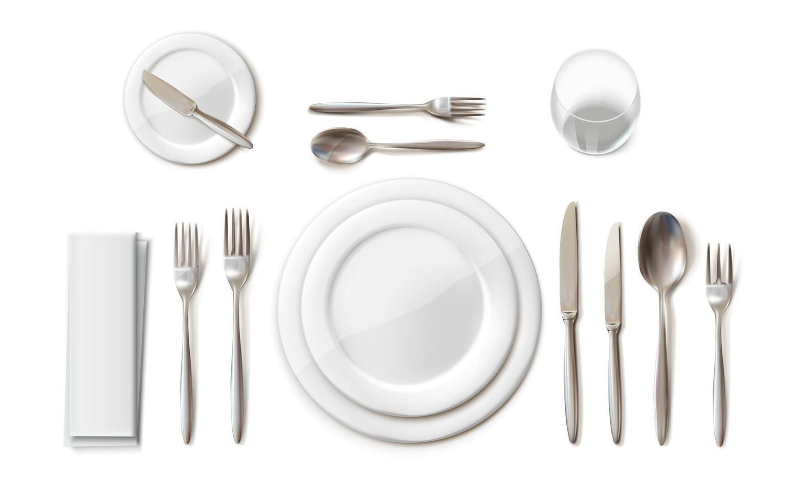 jantar mesa configuração conjunto com talheres, pratos e vidro. 3d realista vetor. vetor