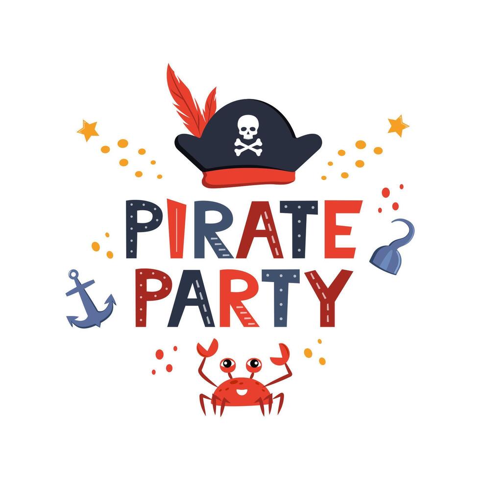 vetor ilustração pirata festa letras com do pirata chapéu, zombar e ossos. crianças logotipo emblema. têxtil tecido imprimir. vetor ilustração.