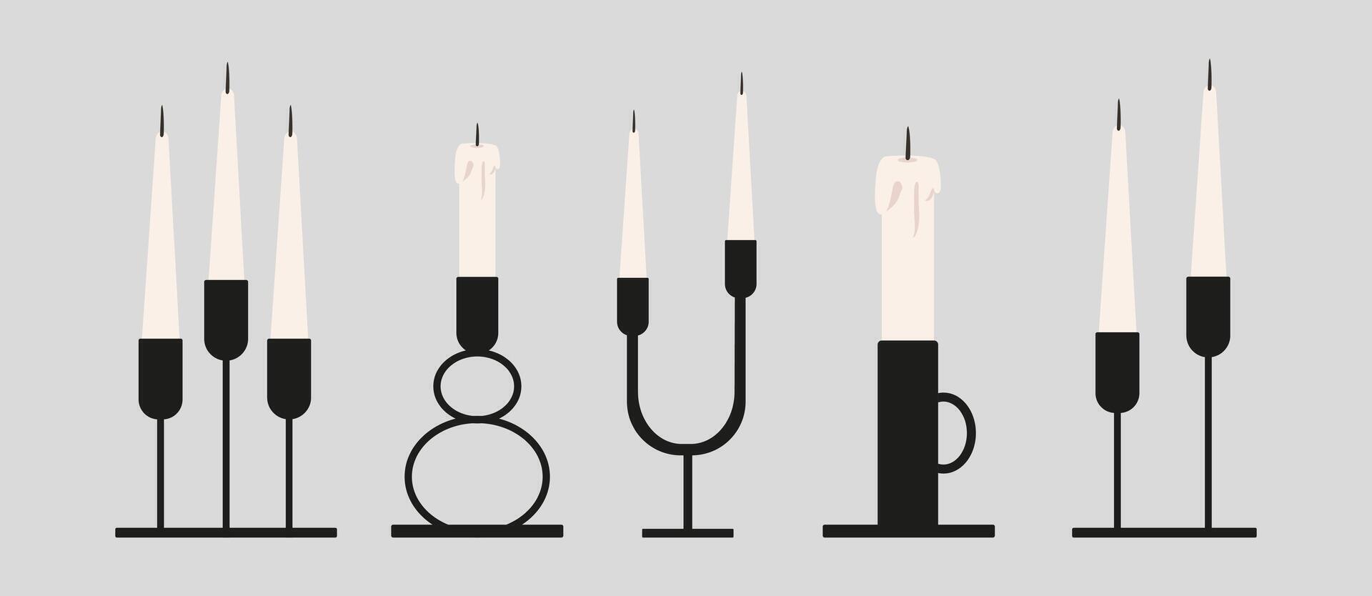 conjunto do velas. coleção do Preto castiçais e candelabro dentro a estilo do minimalismo. casa interior estético inspiração moderno velas vetor ícone conjunto