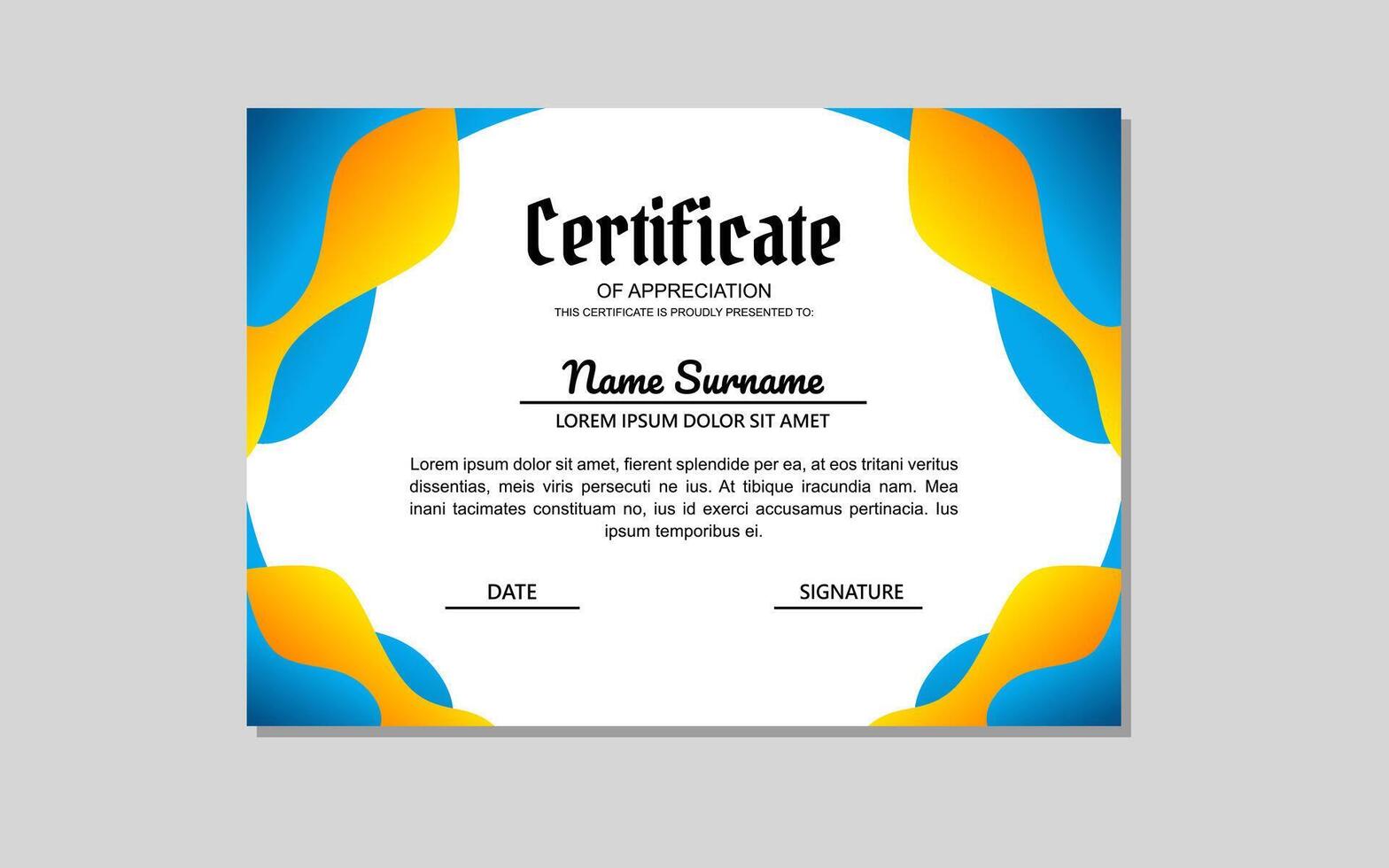 certificado modelo Projeto dentro azul e laranja abstrato estilo para Educação e o negócio apreciação vetor