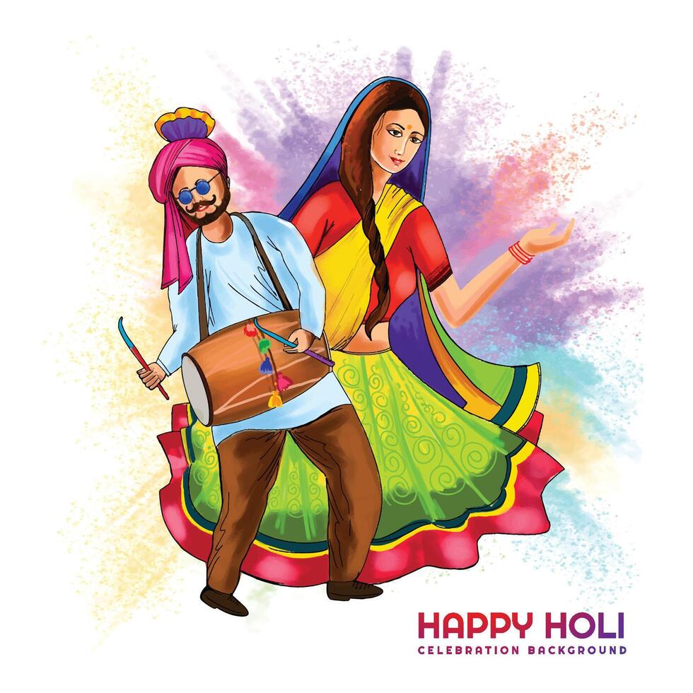 mão desenhar Diversão casal dança celebração festival colorida holi cartão fundo vetor