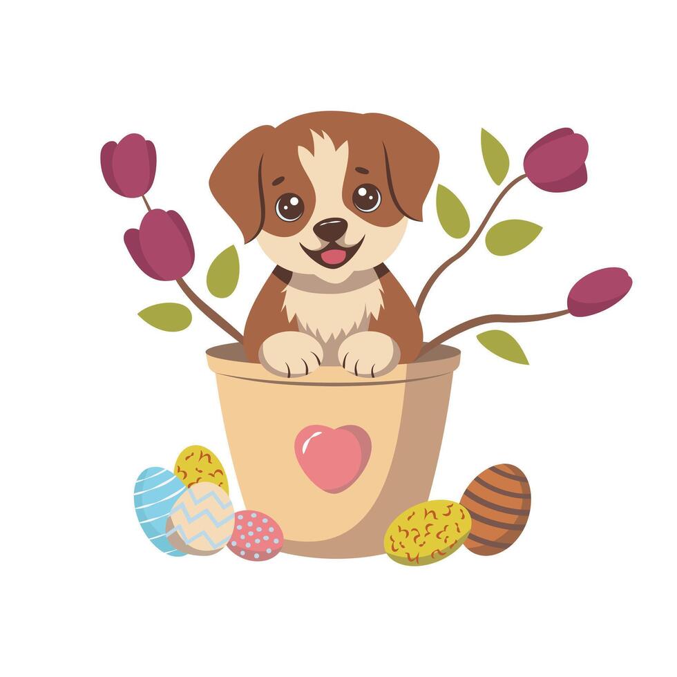 feliz Páscoa. ilustração do uma fofa cachorro com flores dentro uma copo com Páscoa ovos em a chão. para cartões postais, Camisetas. vetor