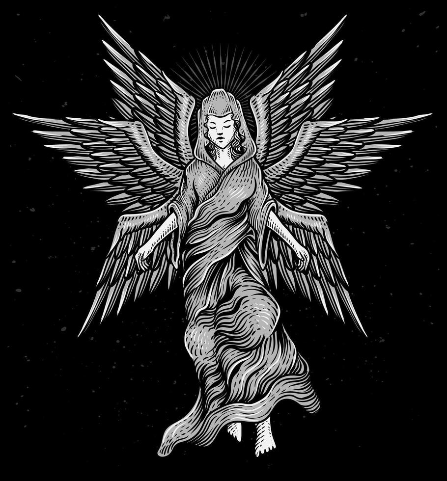 ilustração serafim anjo Antiguidade gravação estilo em Preto fundo vetor
