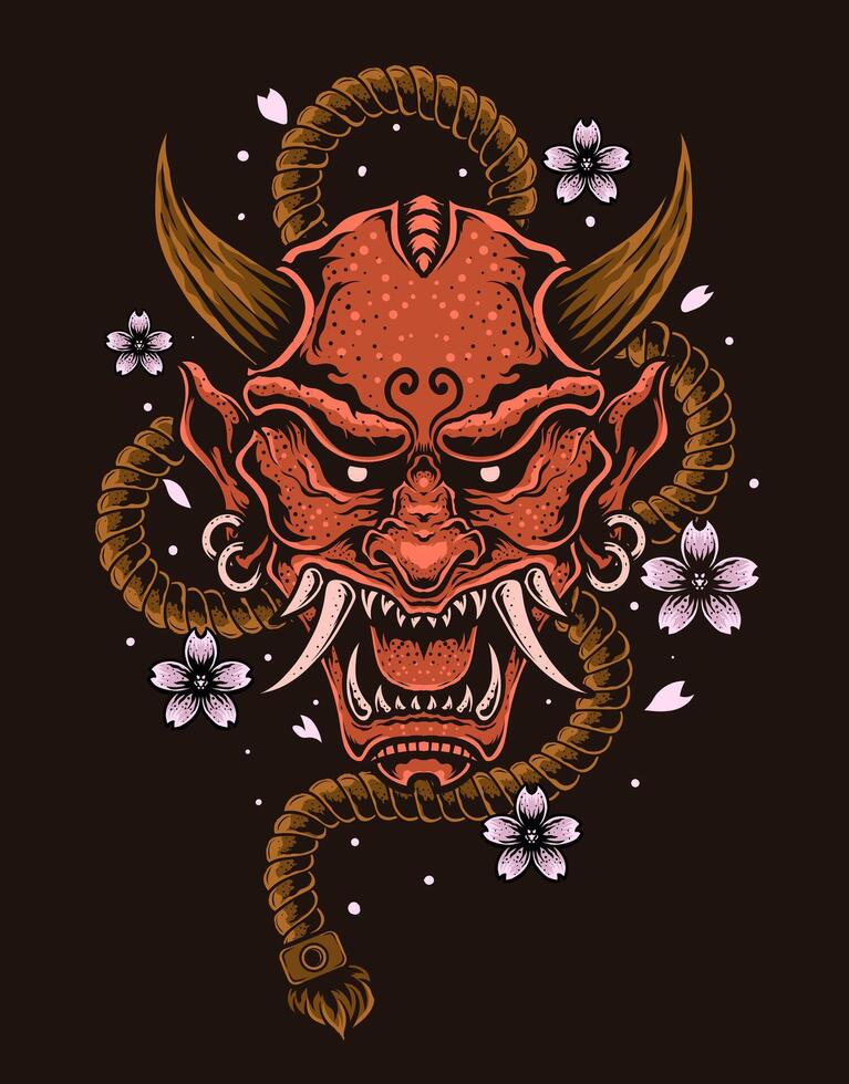 ilustração vetor hannya mascarar, japonês demônio oni mascarar com cordas e sakura flor