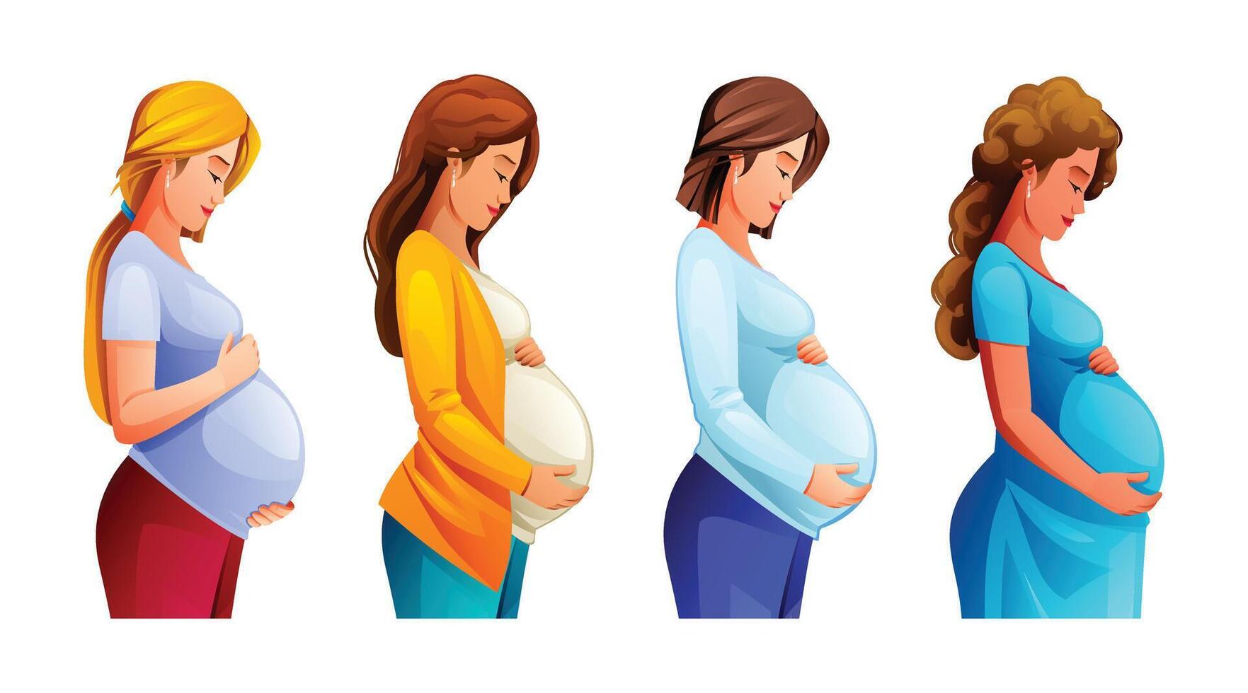 coleção do grávida mulheres abraçando dela barriga, esperando para uma bebê. vetor desenho animado ilustração