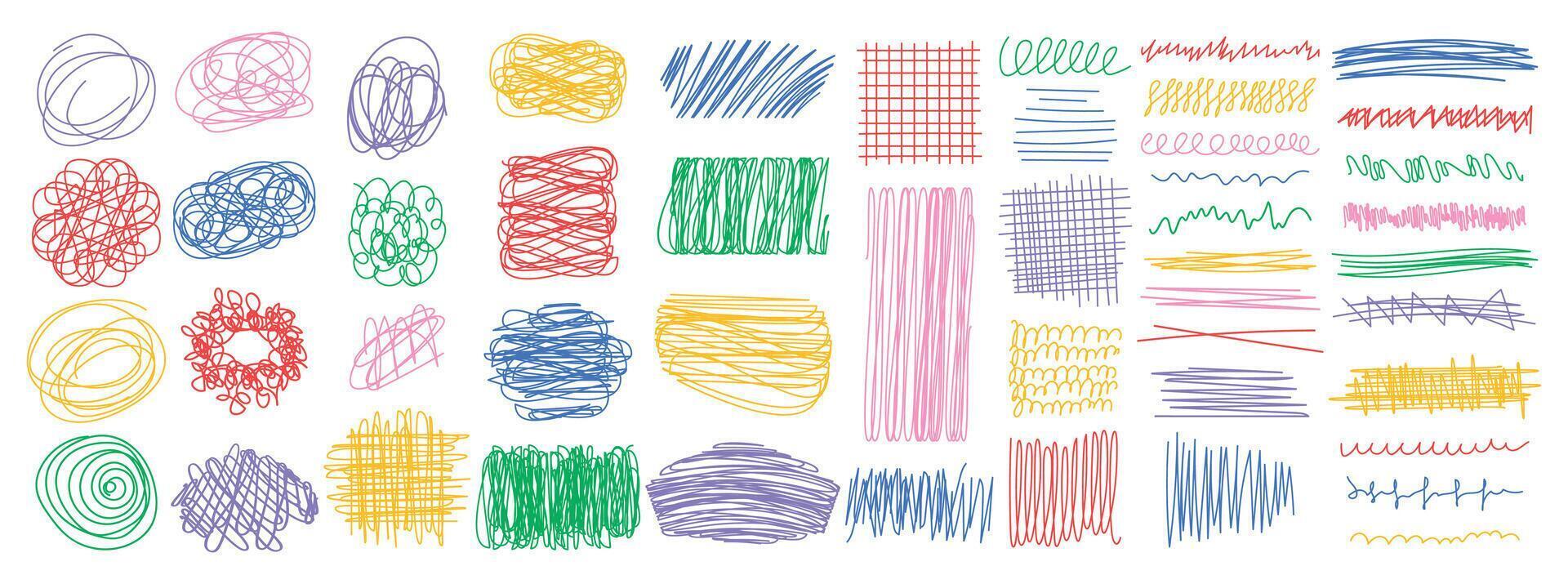 colorida rabiscos do abstrato geométrico linhas, formas. rude golpes com uma lápis ou caneta. mão desenhado escova acidente vascular encefálico elementos. moderno vetor ilustração.