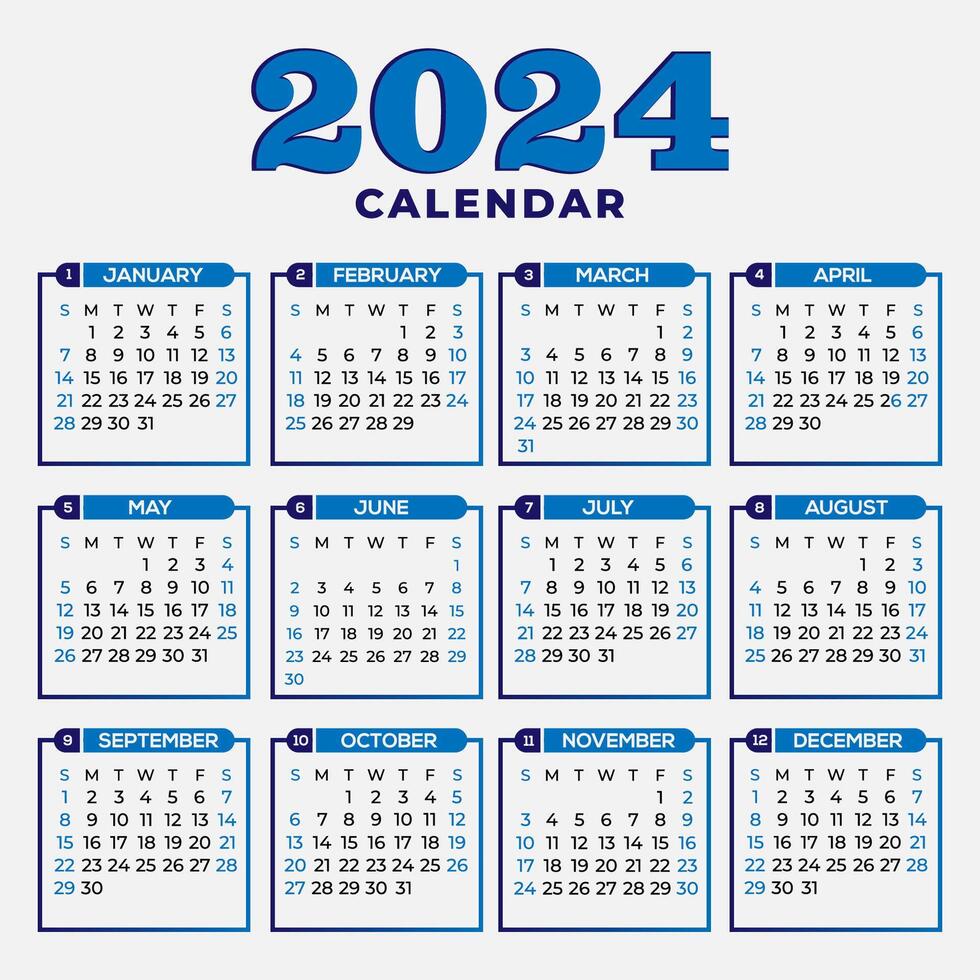 azul 2024 Inglês parede calendário modelo cronograma eventos vetor Projeto