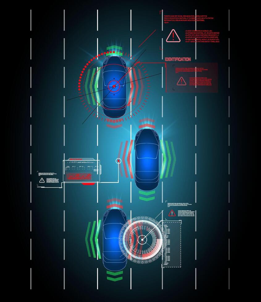 dirigindo suspensão trabalhos ao controle sistema sem motorista assistência. seguro dirigindo. vetor futurista carro do utilizador interface hud ui holograma do a carro