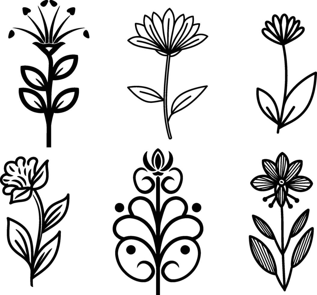 conjunto do vetor flor plantar Preto silhueta esboço em branco fundo